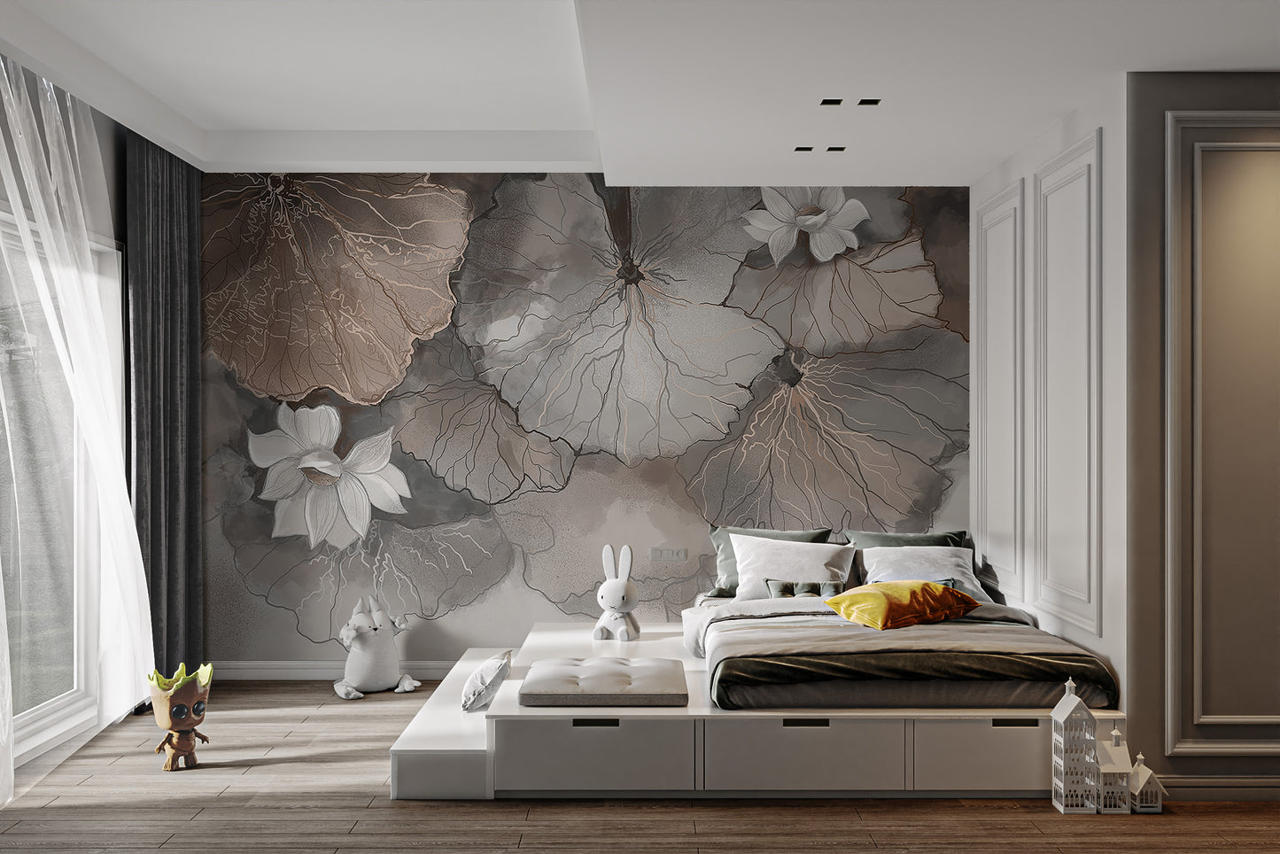 Dreamy lotus leaf wall art in soft peach tones
