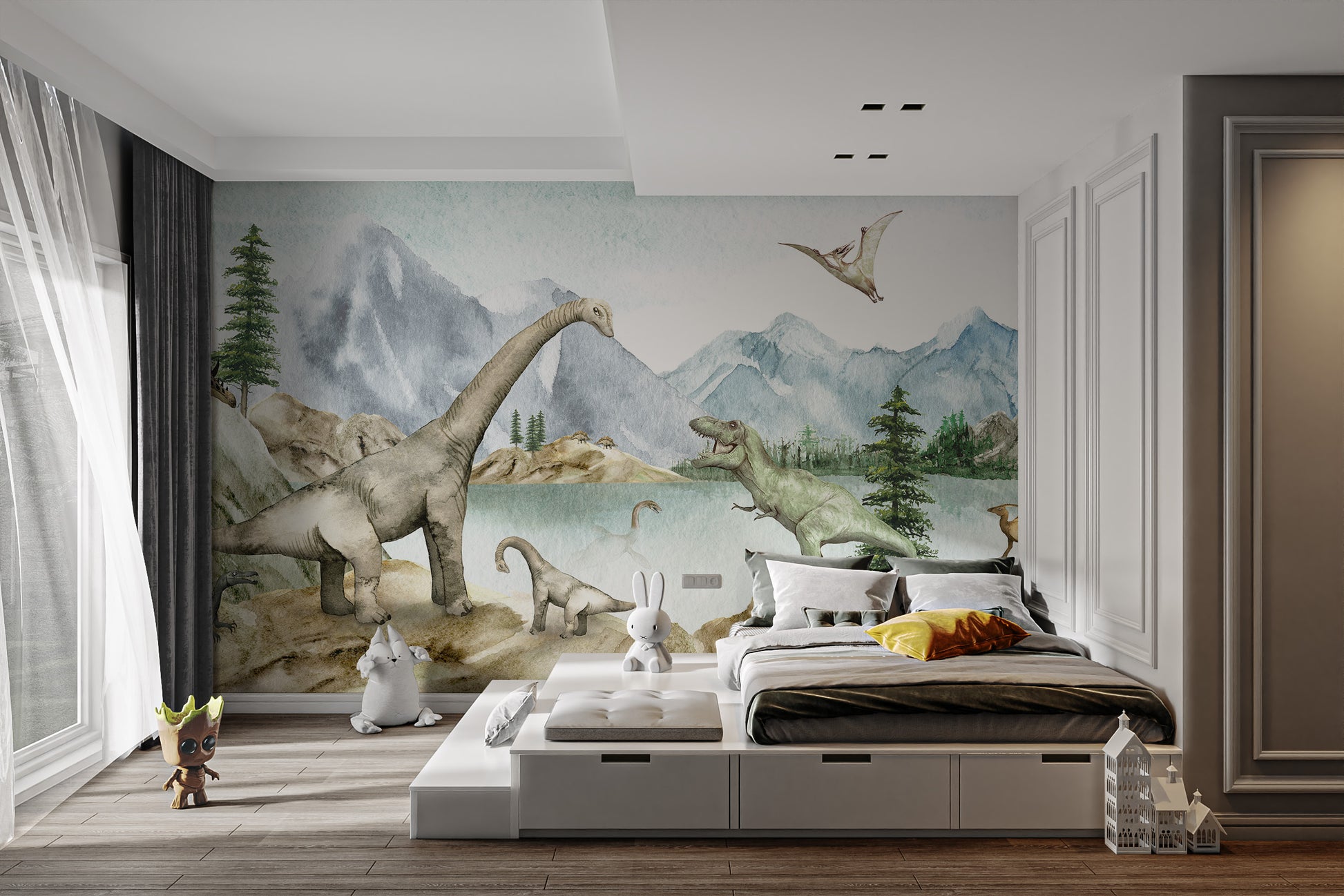 Dino dreams wallpaper murals with lush greenery and lake