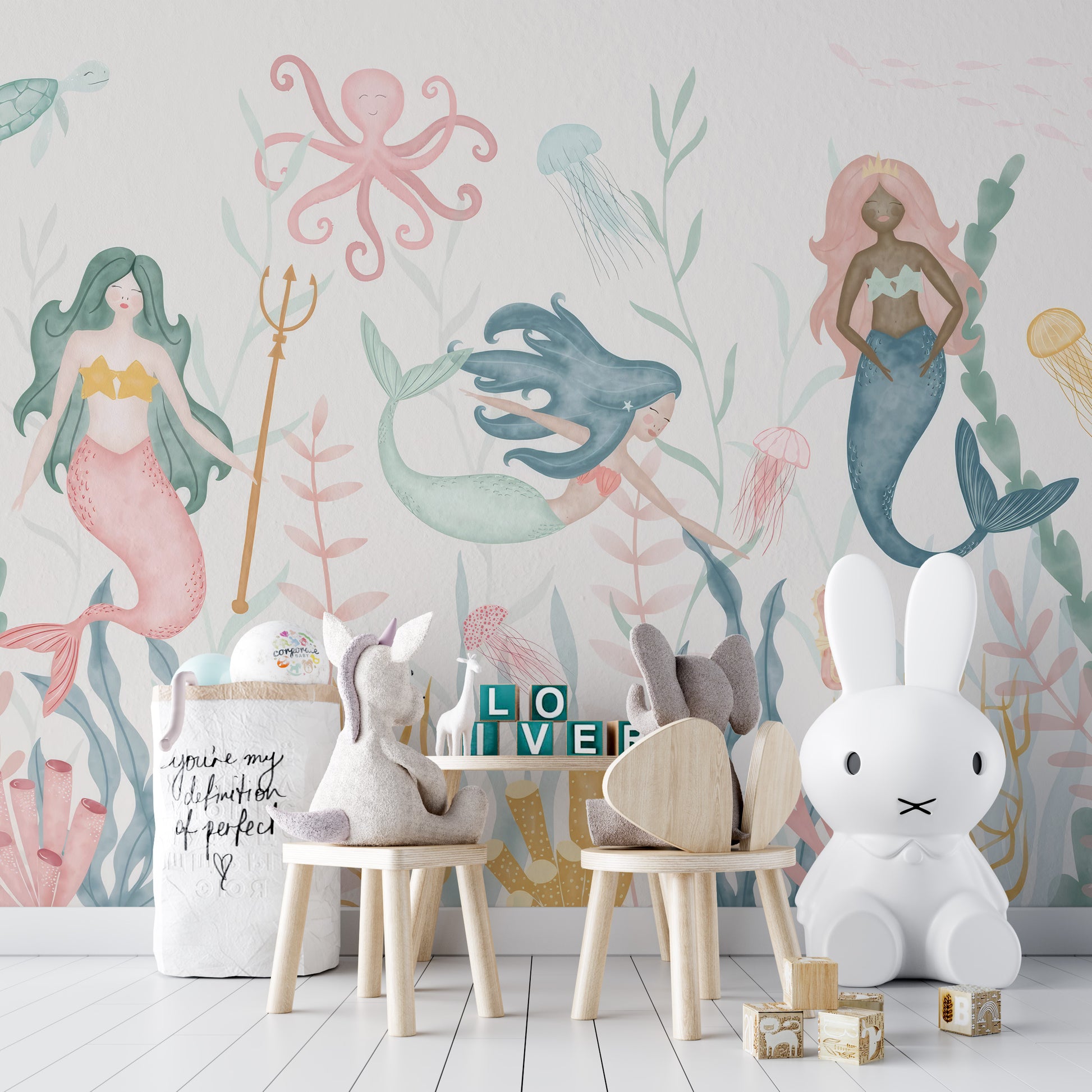 Vibrant aquatic ballet wallpaper for imaginative kids' room decor.