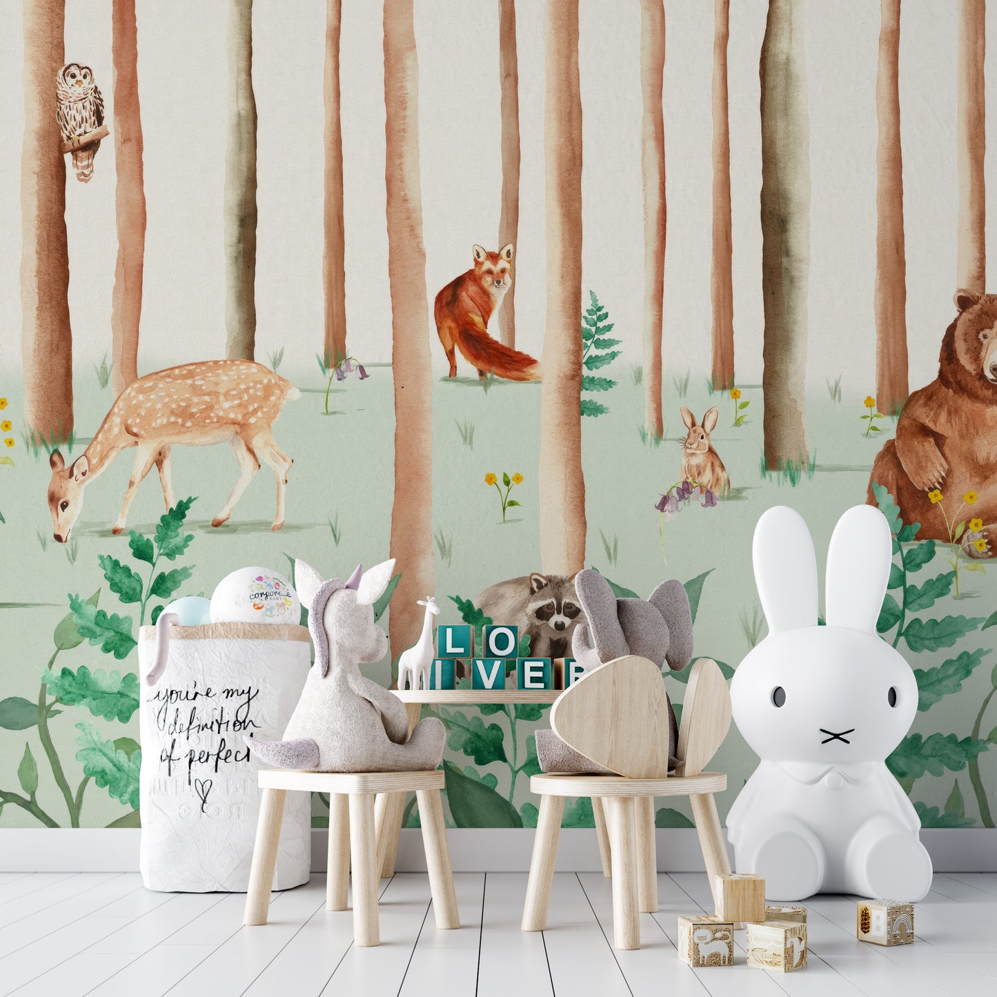 Vibrant wildlife-inspired wall mural for kids' room walls.