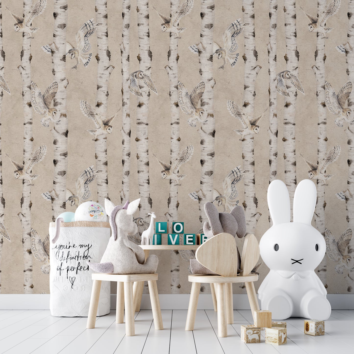 Owl Birch Forest Wallpaper - Beige