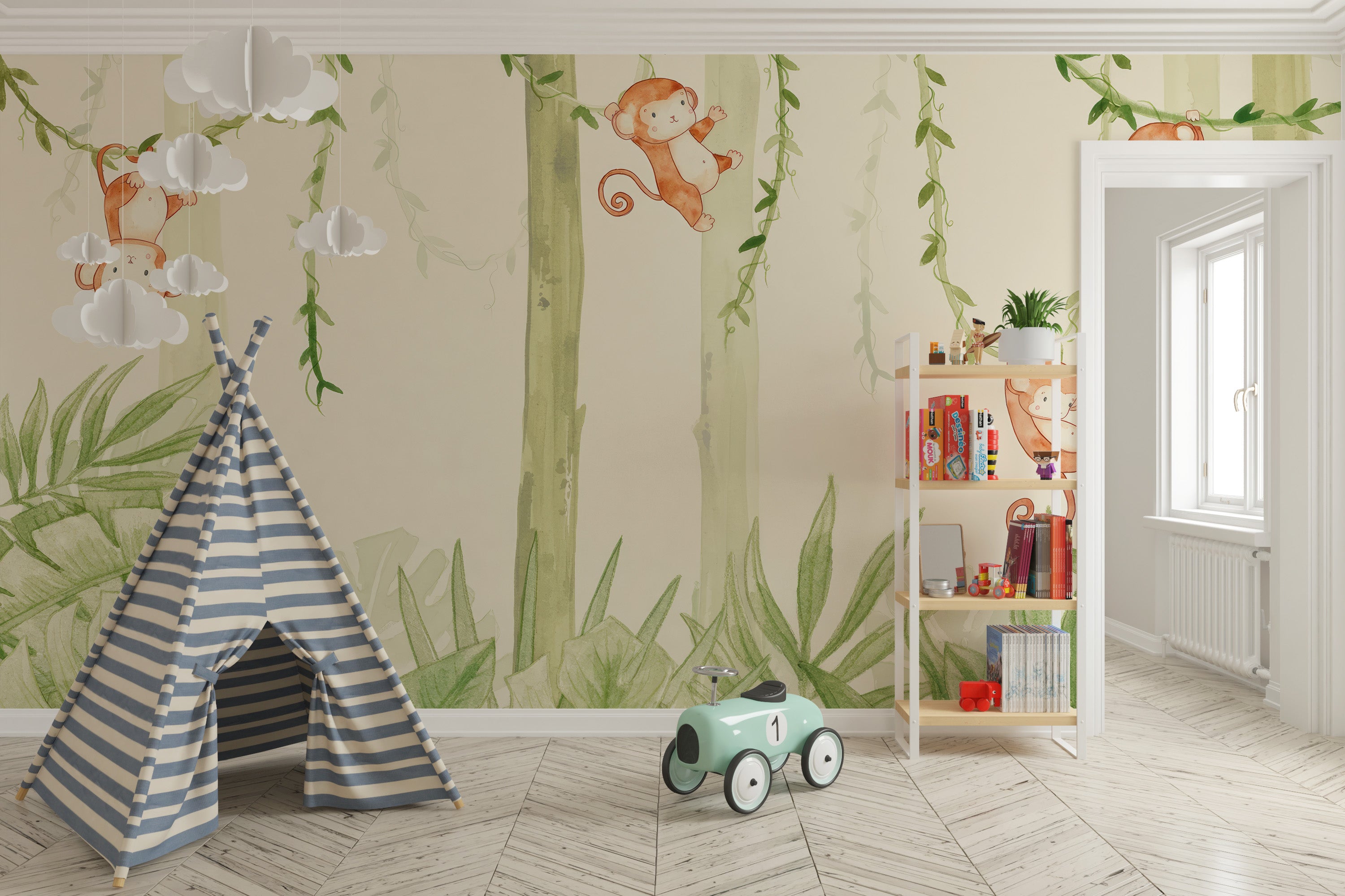 Swinging monkey wallpaper for playful decor