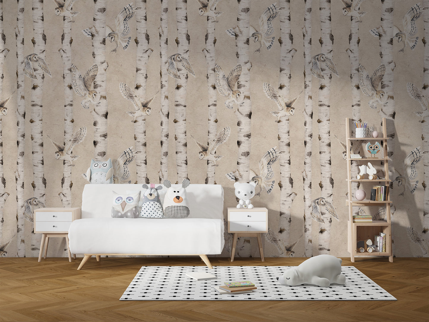 Owl Birch Forest Wallpaper - Beige