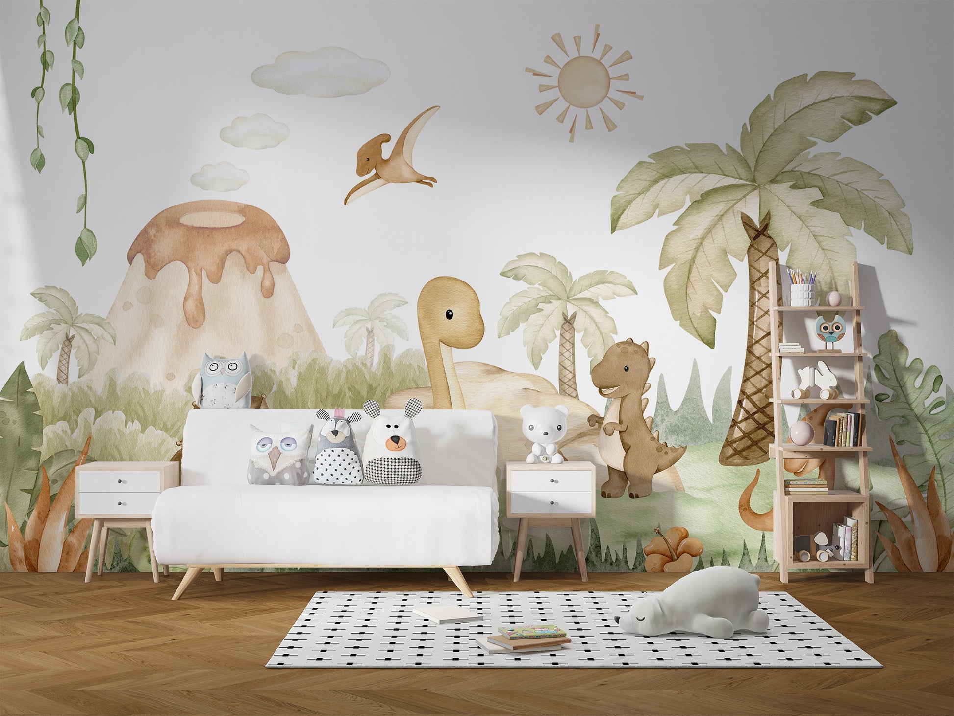 Playful dinosaur-themed mural for children