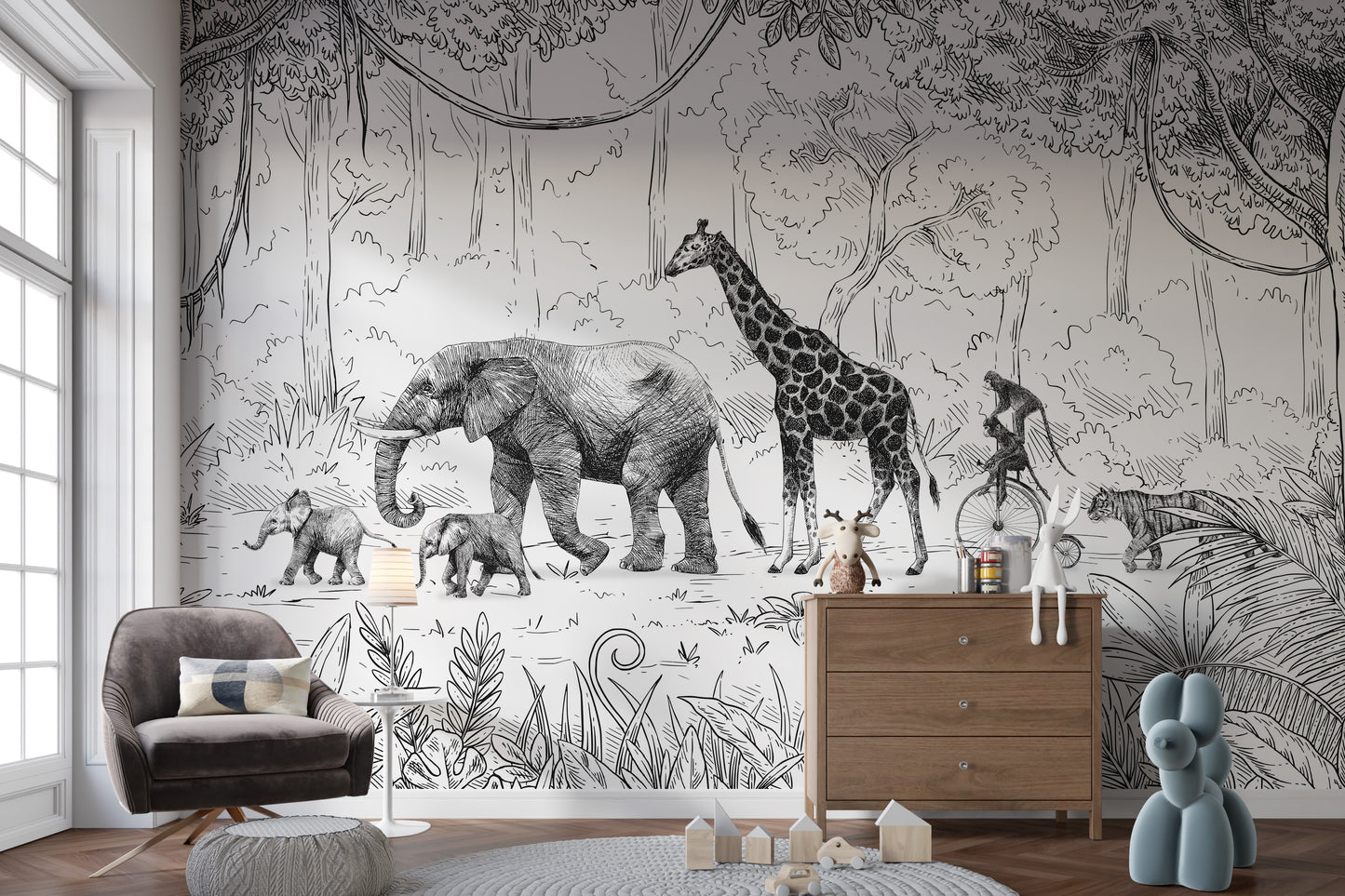 Animal Parade Black and White Wall Mural