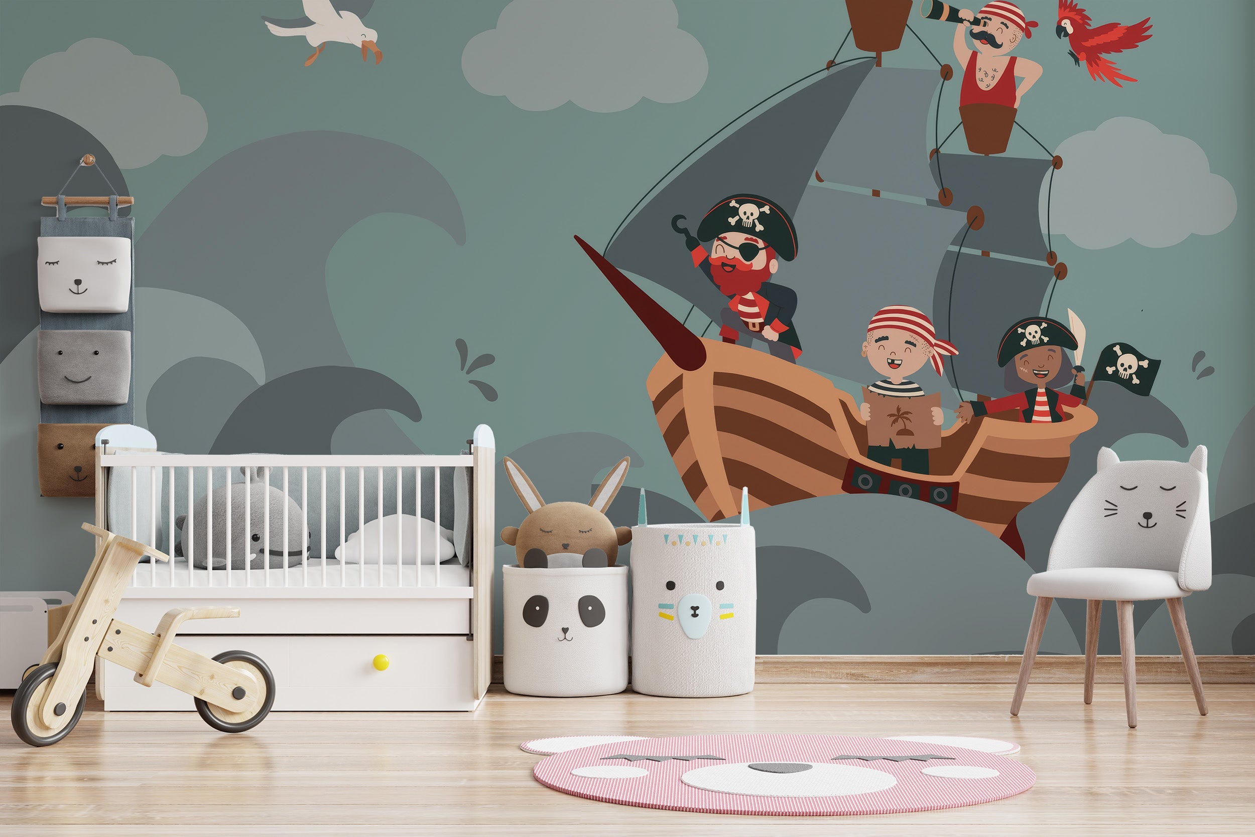 Whimsical pirate ship mural for children
