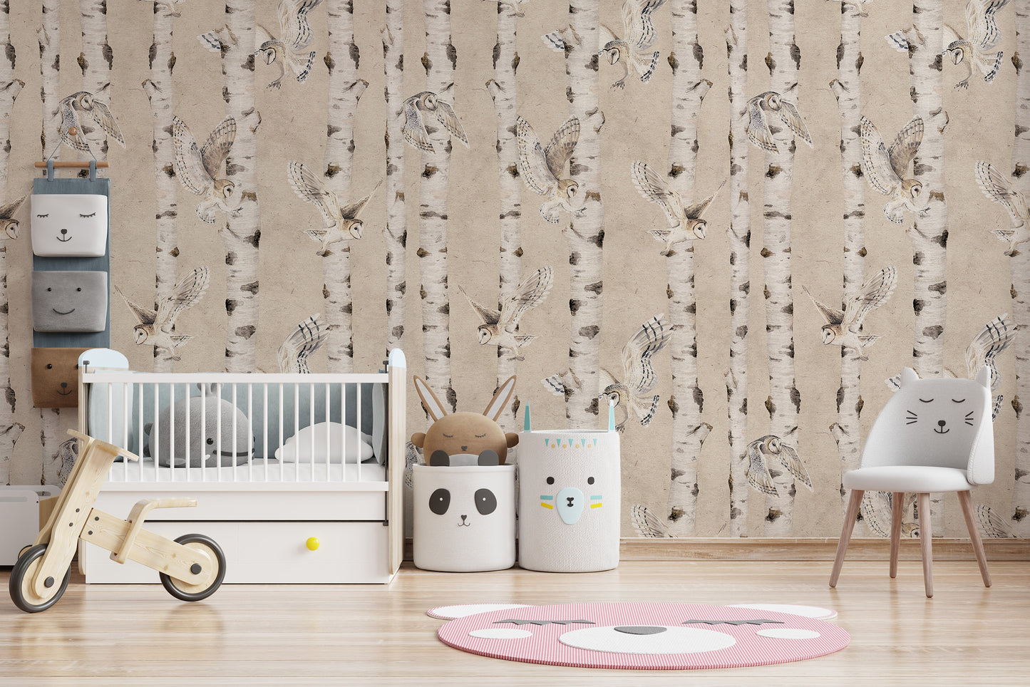 Owl Birch Forest Wallpaper - Beige