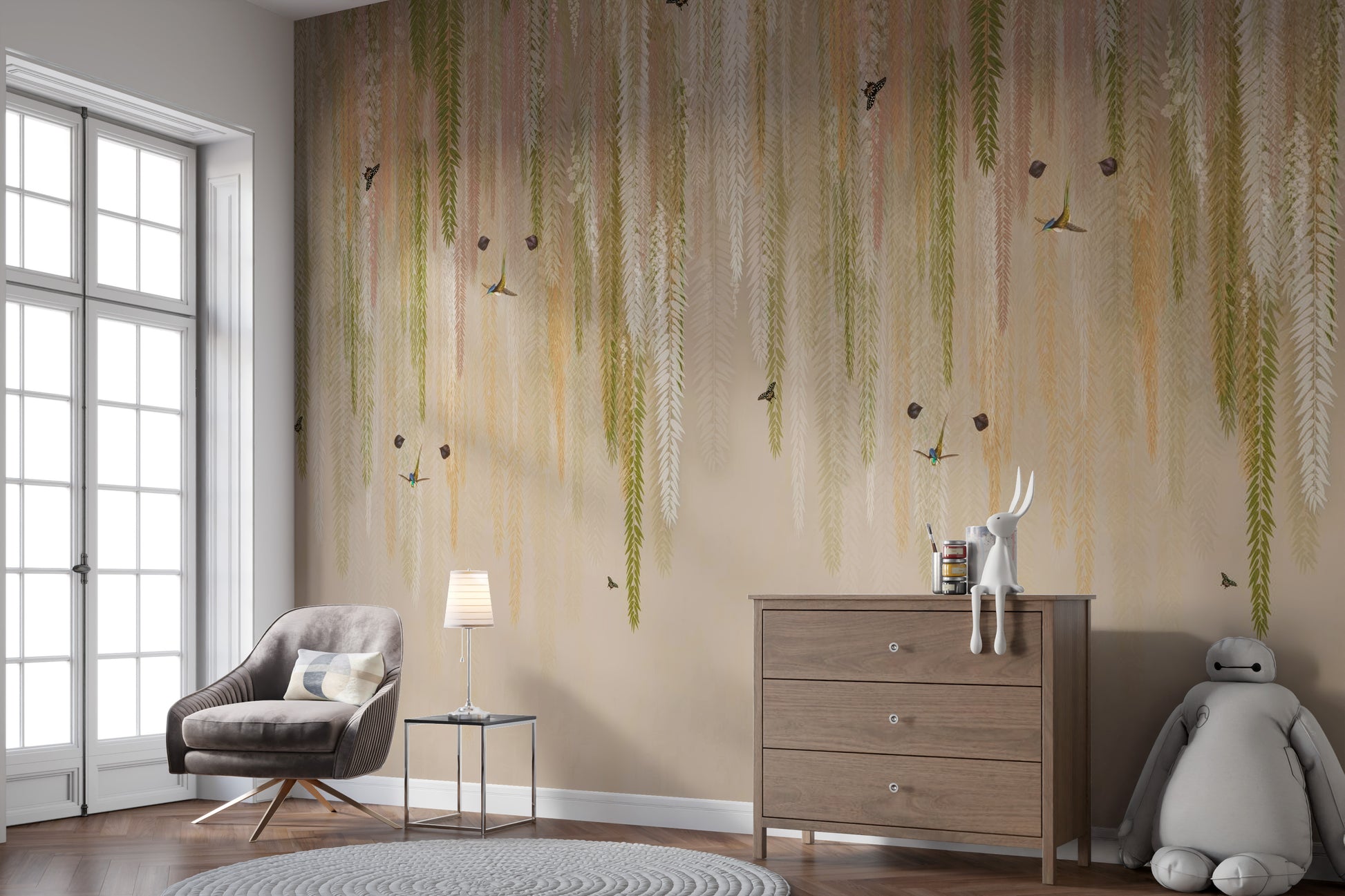 Elegant Eden green mural with hanging leaves
