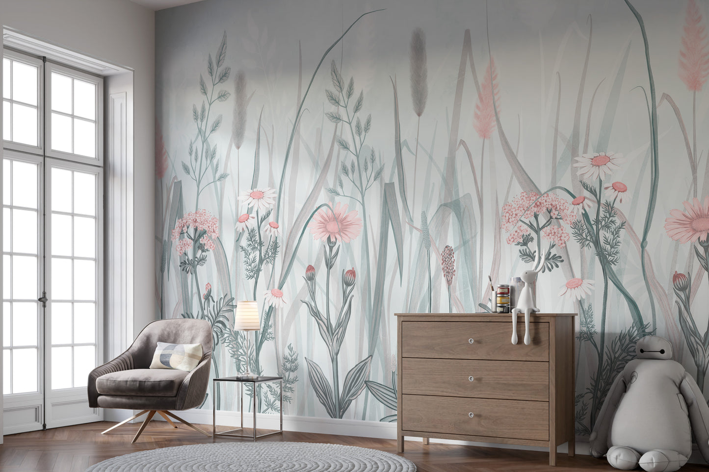 Ornate Painted Floral Pink Mural