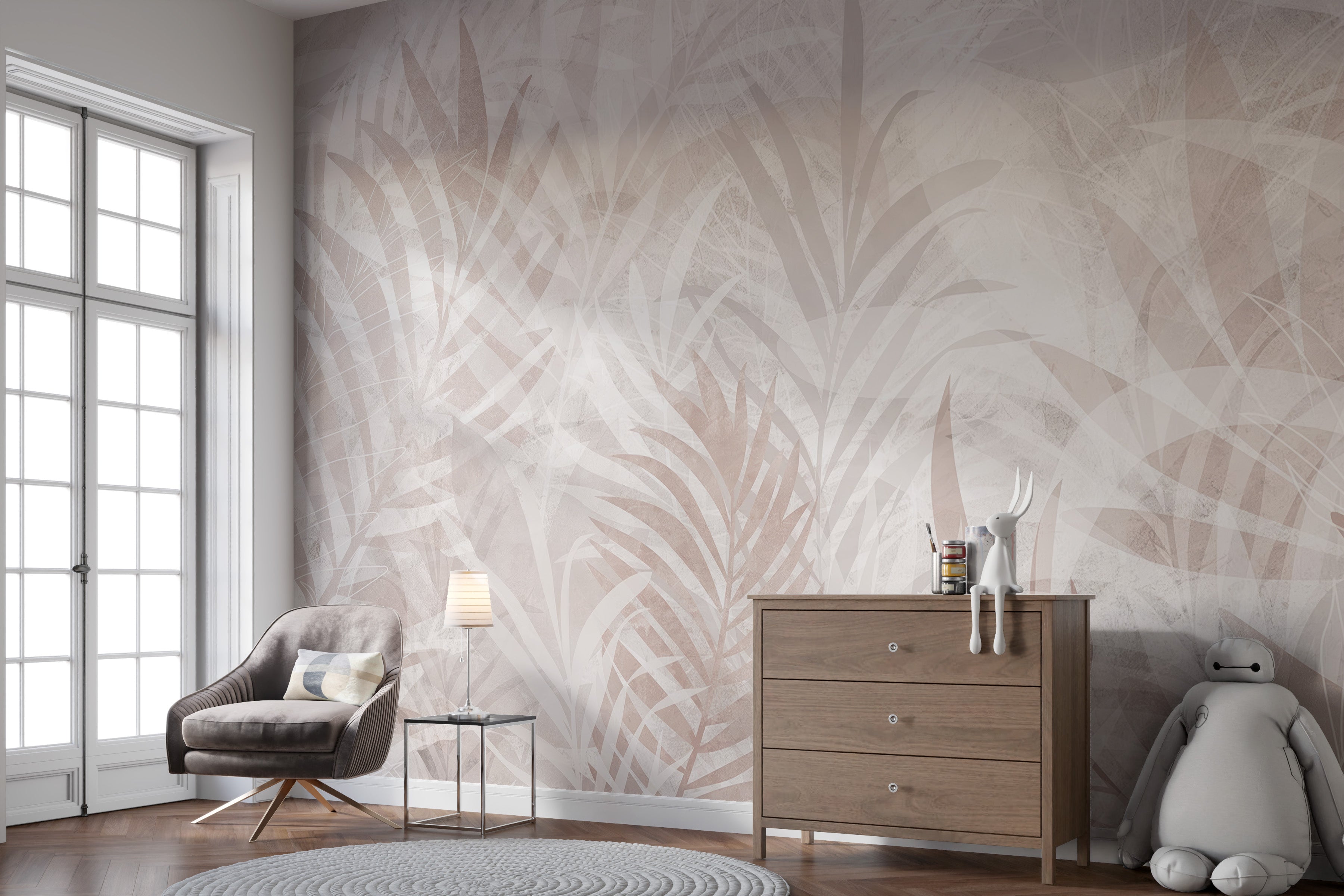 Minimalist Scandinavian Leaf Elegance mural for tranquil living rooms.