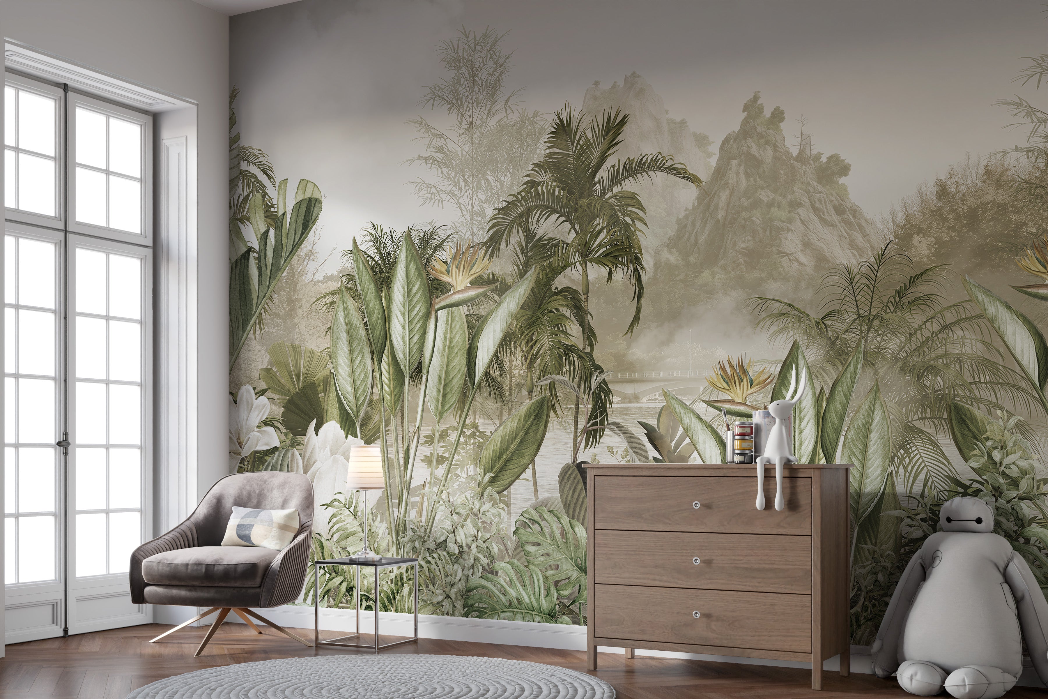 Serene ethereal jungle panorama mural wallpaper for living room walls.