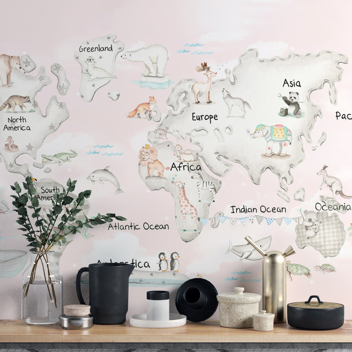 Whimsical animal atlas wall mural