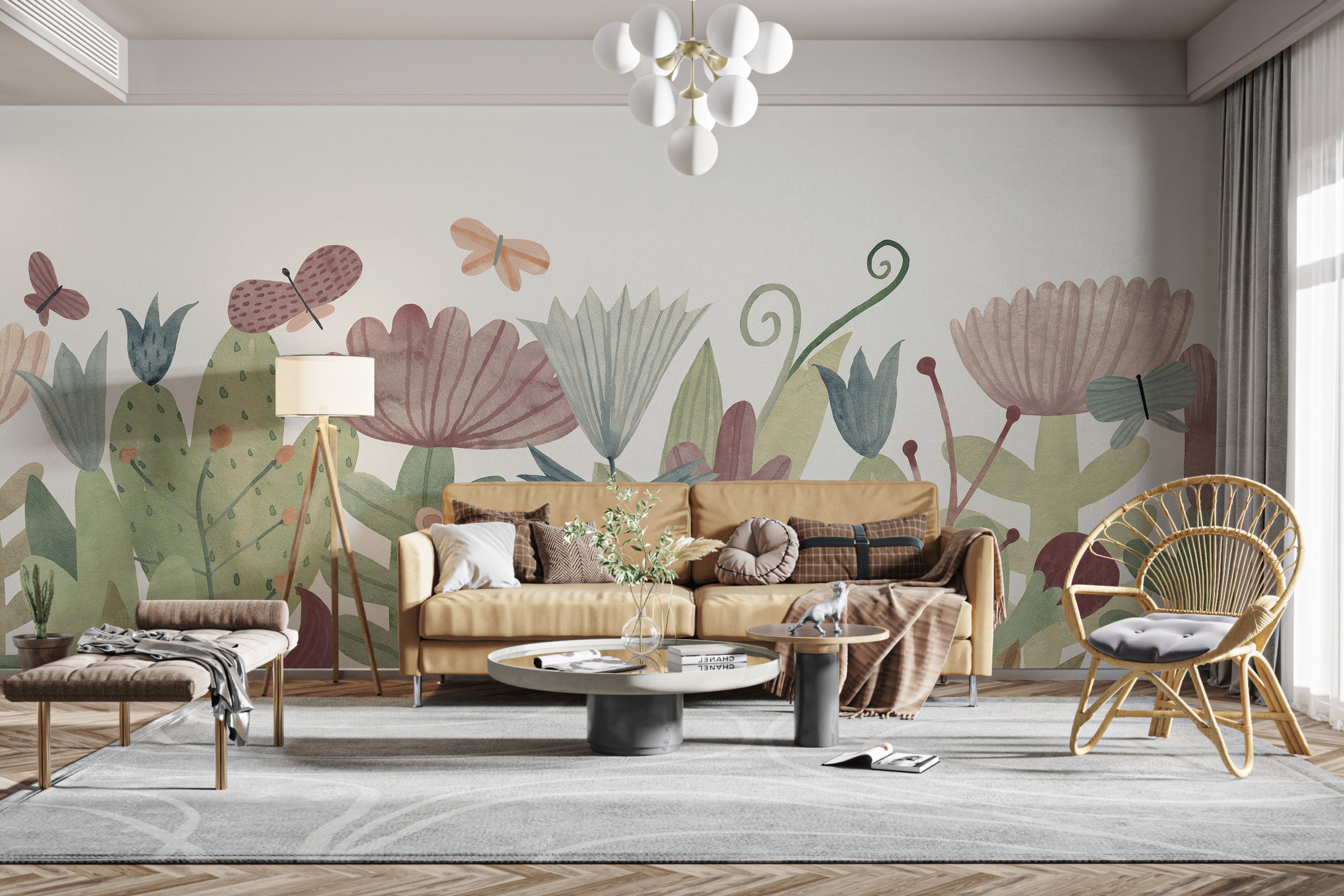 Vibrant watercolor wildflower wallpaper mural for stylish living rooms.