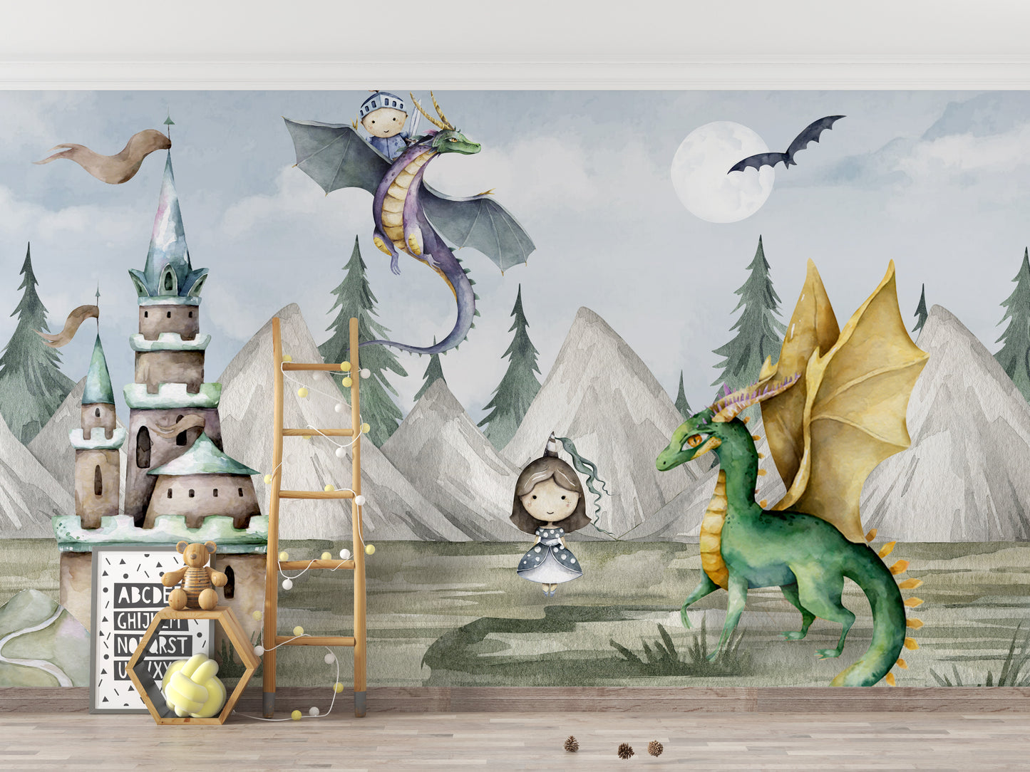 Magical kingdom wallpaper with dragons for kids' room décor.