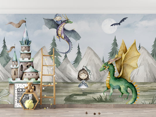 Magical kingdom wallpaper with dragons for kids' room décor.