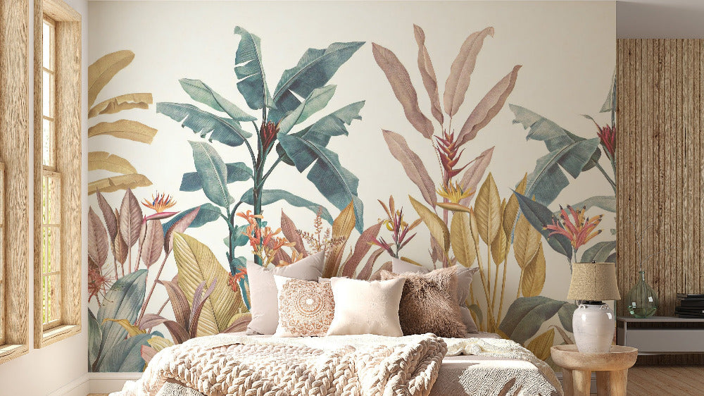 Tropical wallpaper featuring lush palm leaves, exotic flowers, and vibrant greenery, bringing a fresh, nature-inspired vibe to walls.