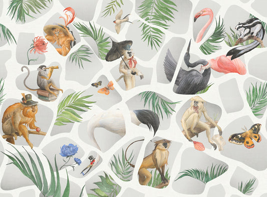 Watercolour gray Monkey & Birds wallpaper mural