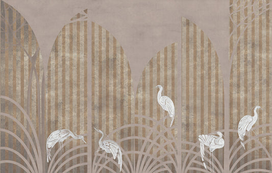 Art Deco Golden Striped Pattern White Crane Wall Mural