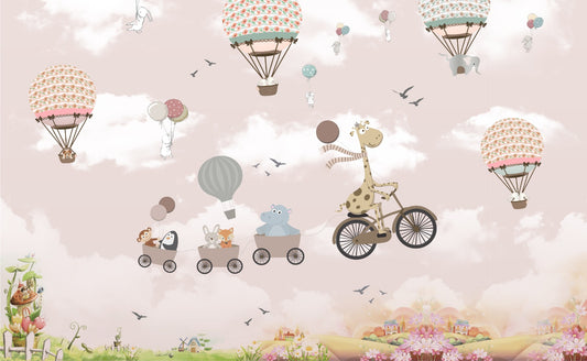 Pink Colour Sky Safari Balloon Animals Wallpaper Mural