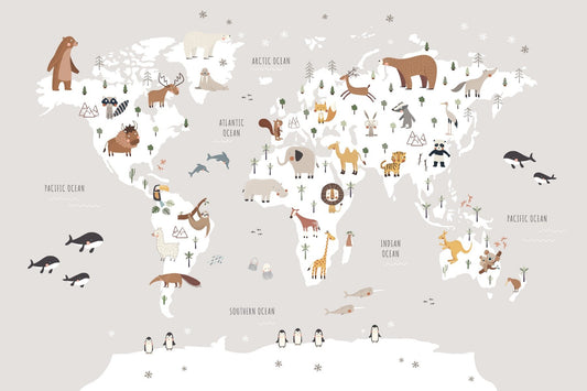 Gray Animals Map Wallpaper Mural