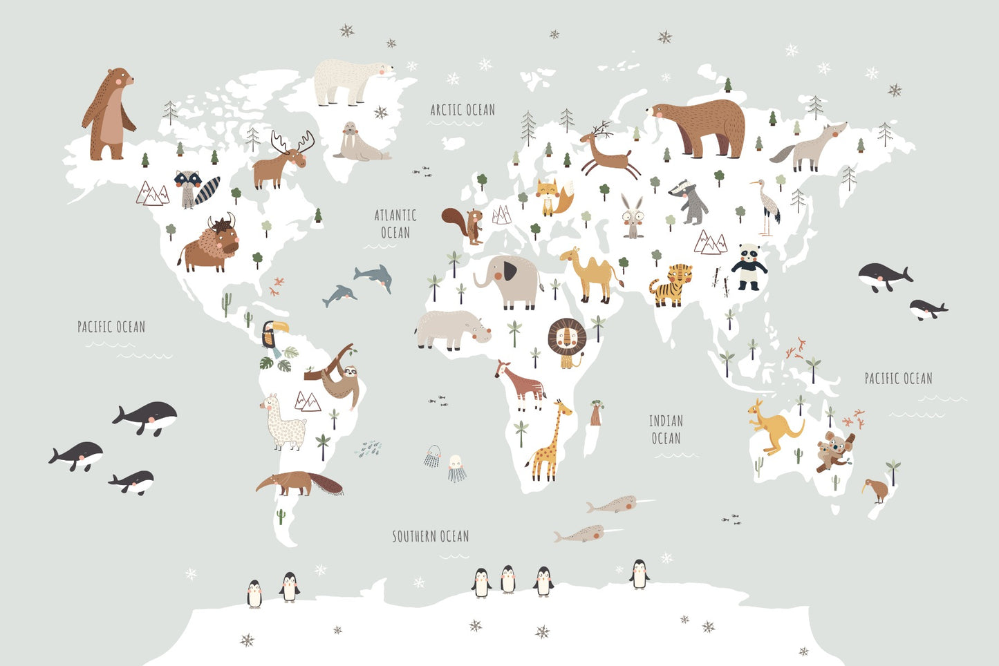 Cute Animals World Map Wallpaper Mural