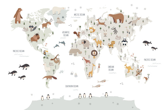 White Animals Map Wallpaper Mural