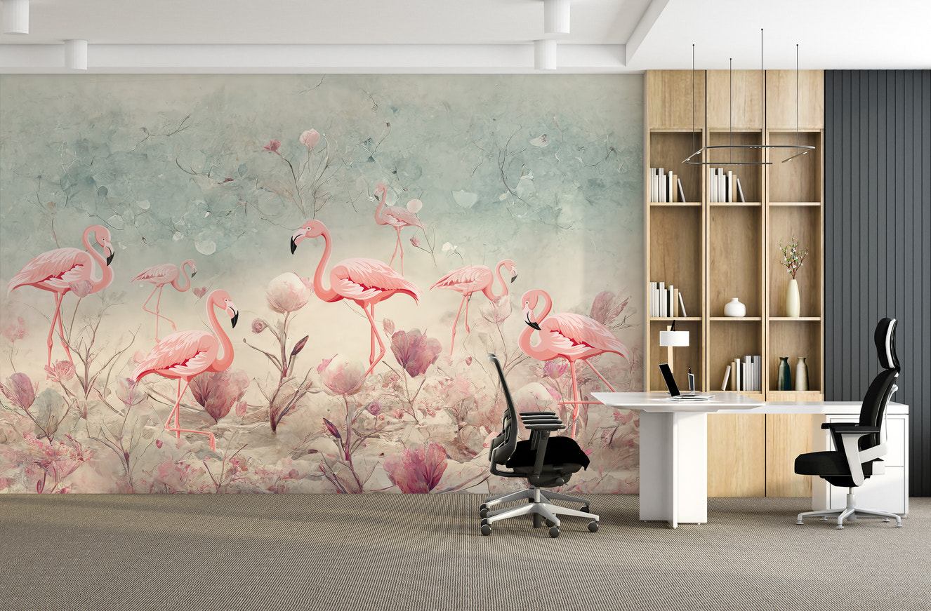 Mystical Pink Flamingo Scene Mural
