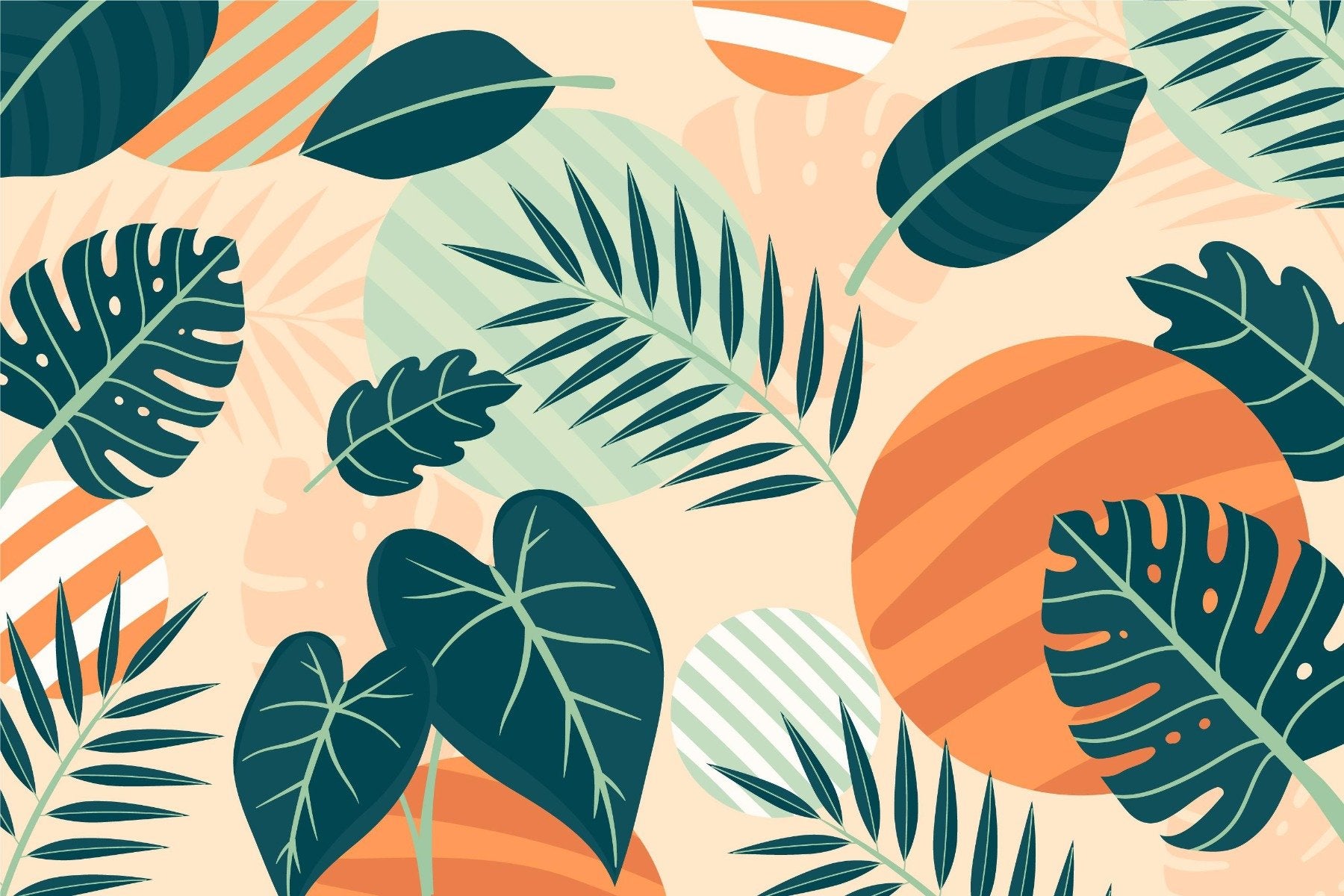 Green Orange Beige Leaves Wallpaper Mural